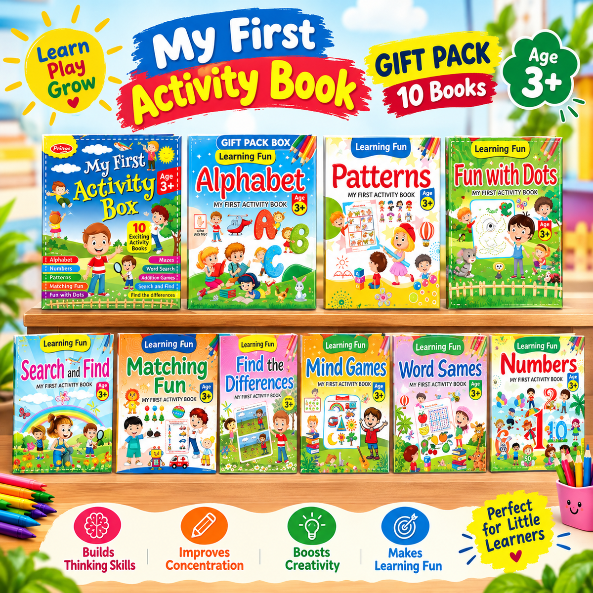 My First Activity Box – 10 Books Set for Kids | Alphabet, Numbers, Puzzles, Mazes, Matching & More | Learning Activity Books for Ages 3+