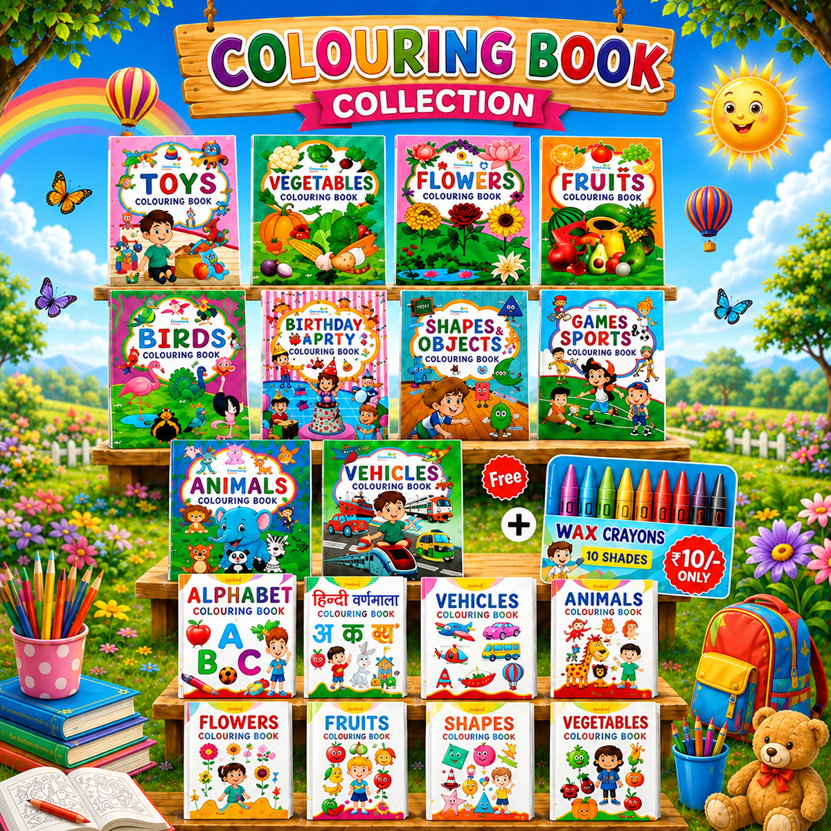 Ultimate 16-Book Colouring Book Collection Set for Kids (Includes Free 10-Shade Wax Crayons)